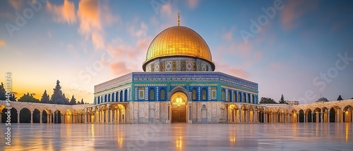 Golden Dome of the Rock at sunrise with warm tones and clear sky