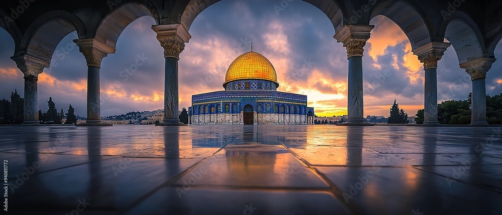Fototapeta premium Dome of the Rock at dawn framed by arches with dramatic sky