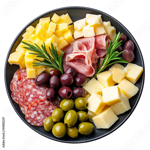 Top view of Spanish tapas with olives, ham, and cheese on a dark plate isolated on transparent background 