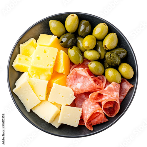 Top view of Spanish tapas with olives, ham, and cheese on a dark plate isolated on transparent background  photo