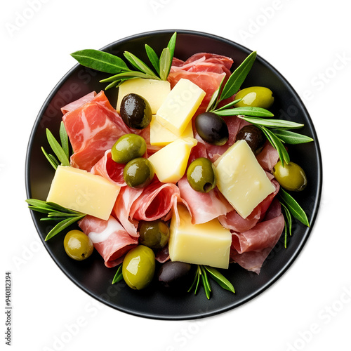 Top view of Spanish tapas with olives, ham, and cheese on a dark plate isolated on transparent background 