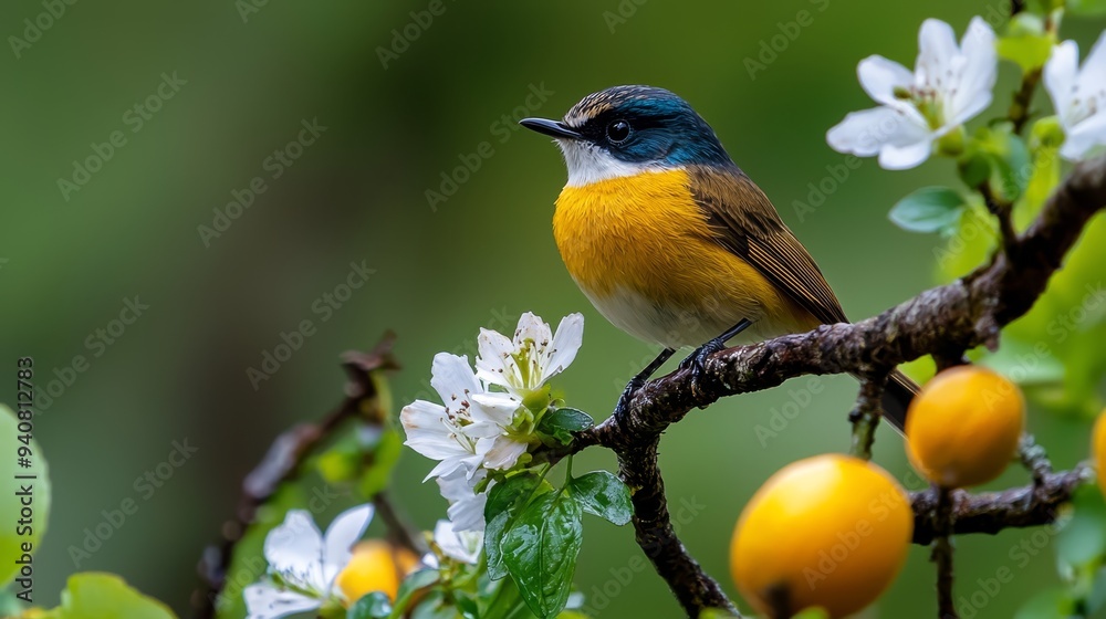 A small bird sits on a tree branch, surrounded by orange fruits and white blossoms in the foreground A small bird sits on a tree branch, surrounded by orange fruits and white blossoms in the foreground