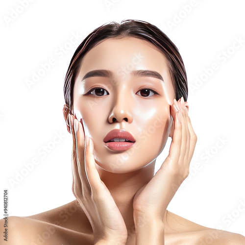 Beautiful woman body and face care with hand geture front view isolate on transparency background photo