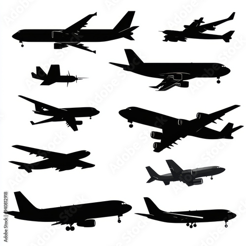 Silhouettes of civil passenger and military combat aircraft. This collection includes modern commercial airliners, private jets, military fighters and bombers, as well as cargo planes with propellers.