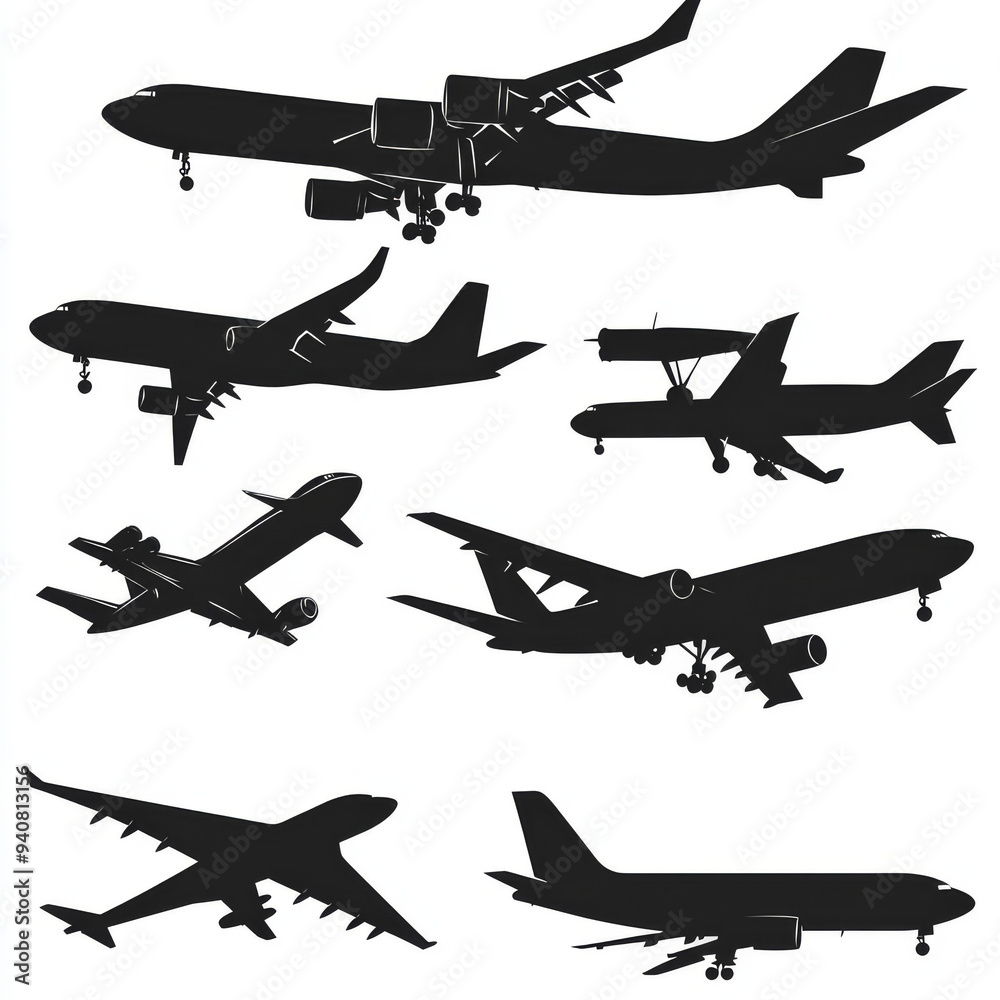 Silhouettes of civil passenger and military combat aircraft. This collection includes modern commercial airliners, private jets, military fighters and bombers, as well as cargo planes with propellers. Silhouettes of civil passenger and military combat aircraft. This collection includes modern commercial airliners, private jets, military fighters and bombers, as well as cargo planes with propellers.