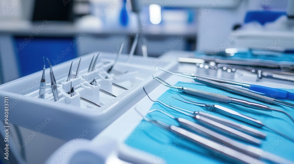 A sterile medical workspace with an array of meticulously organized tools, where sterilization is part of the daily routine, ensuring a safe and clean environment