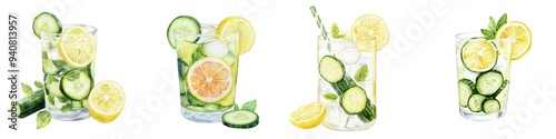 A detox water with lemon and cucumber, watercolor clipart, healthy drink, isolated on white background