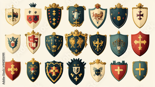 Coat of arms of Switzerland and its cantons, featuring vector heraldic shields with emblems of Zurich, Bern, Lucerne, Geneva, Uri, Schwyz, Obwalden, Nidwalden, Glarus, Zug, and Fribourg.  photo