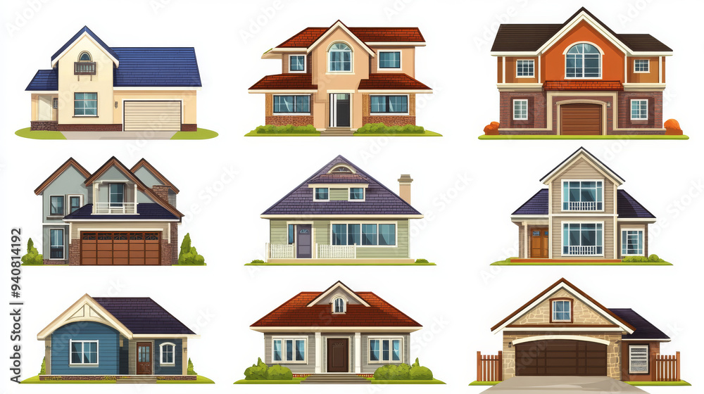 Vector icons of house buildings, including village homes, cottages, villas, mansions, bungalows, and townhouses. Features exterior elements such as windows, roofs, doors, and garages, relevant to arch Vector icons of house buildings, including village homes, cottages, villas, mansions, bungalows, and townhouses. Features exterior elements such as windows, roofs, doors, and garages, relevant to arch