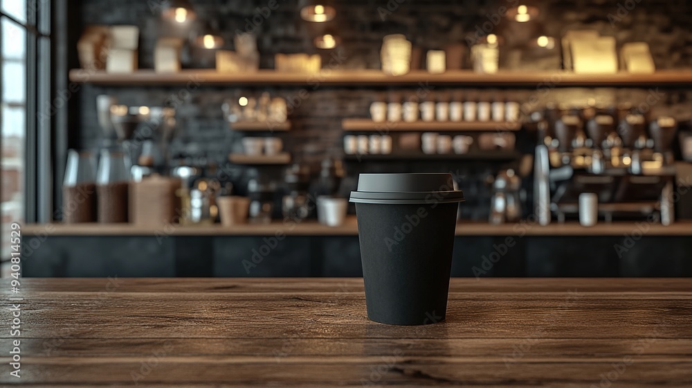 Coffee cup on a wooden table in a cozy, rustic coffee shop interior.