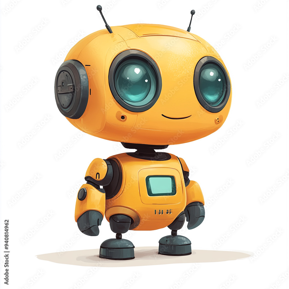 A cute yellow robot with big eyes and a friendly smile, perfect for illustrations of technology in a fun, engaging way. A cute yellow robot with big eyes and a friendly smile, perfect for illustrations of technology in a fun, engaging way.