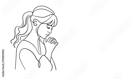 Girl praying with folded hands continuous line art drawing isolated on white background. Christian. Vector illustration
