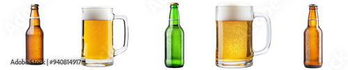 Collection of various beer bottles and filled mugs, isolated on transparent background, perfect for Oktoberfest or brewing concepts