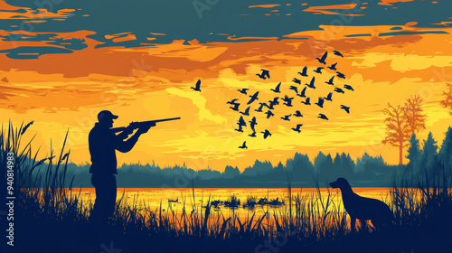 Silhouette of a hunter with a shotgun, accompanied by a dog and a flock of ducks, set against a vector background of a swamp nature landscape. The scene depicts duck hunting sport, with a man shooting photo