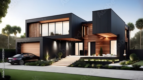 A stunning modern luxury villa with a minimalist cubic design, featuring sleek wooden cladding and bold black panel walls. The front yard is beautifully landscaped.