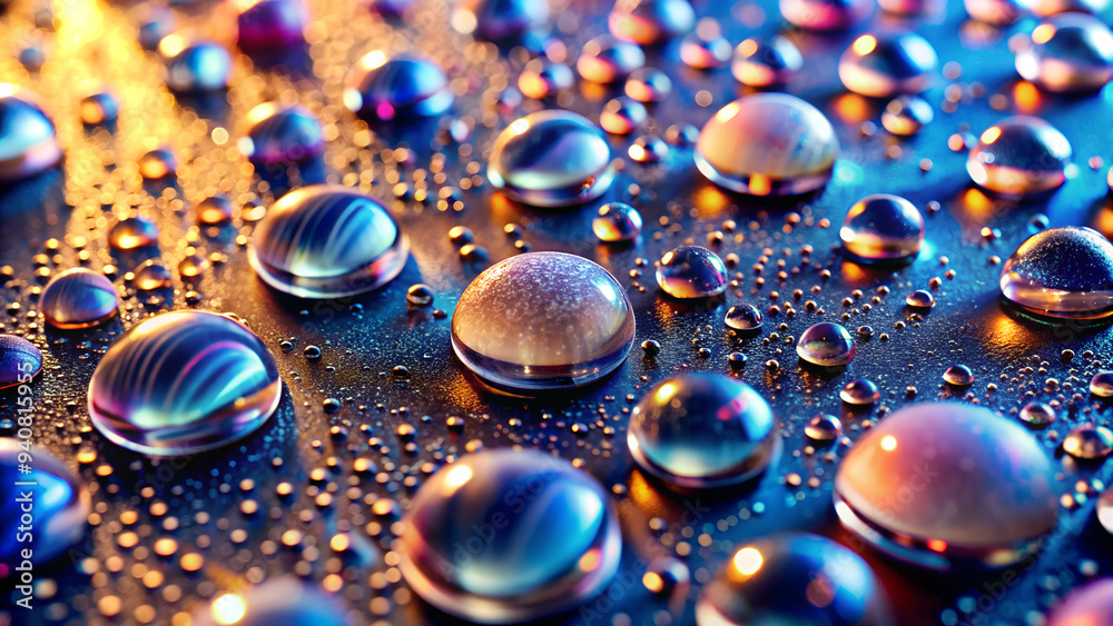 Close-up of water droplets on a surface with detailed texture and light refraction, realistic detail Close-up of water droplets on a surface with detailed texture and light refraction, realistic detail