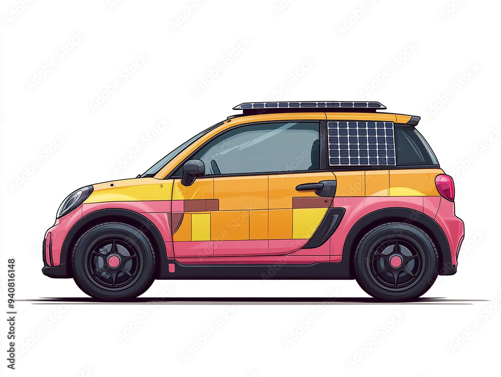 Obraz premium A vibrant and playful small car showcasing a unique pink and yellow design, perfect for eco-friendly travel and urban adventures.