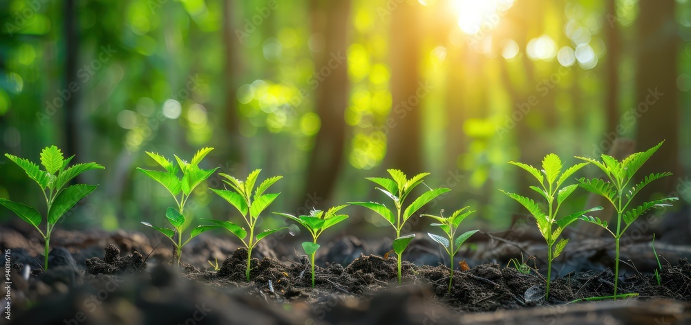 Young Saplings Emerging in a Sunlit Forest Young Saplings Emerging in a Sunlit Forest