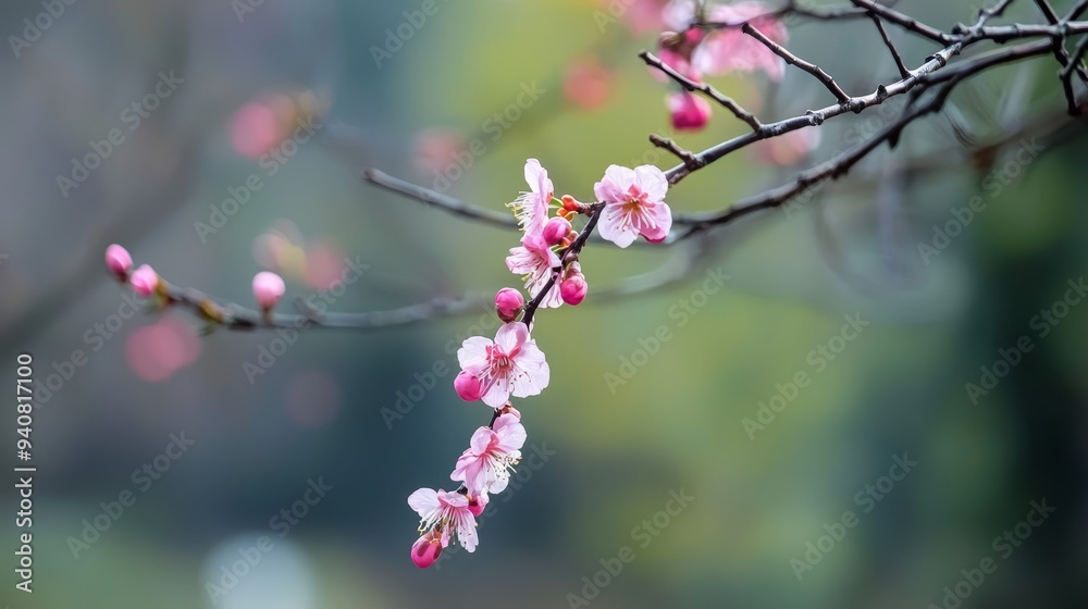 A branch bearing pink flowers against a backdrop of indistinct green foliage and trees A branch bearing pink flowers against a backdrop of indistinct green foliage and trees