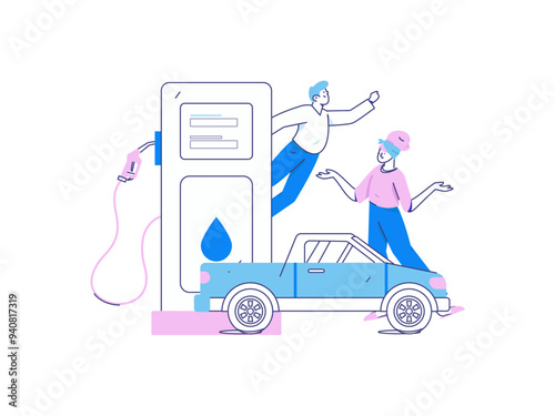 Vector Internet operation hand-drawn illustration of people getting discounts for refueling their cars 