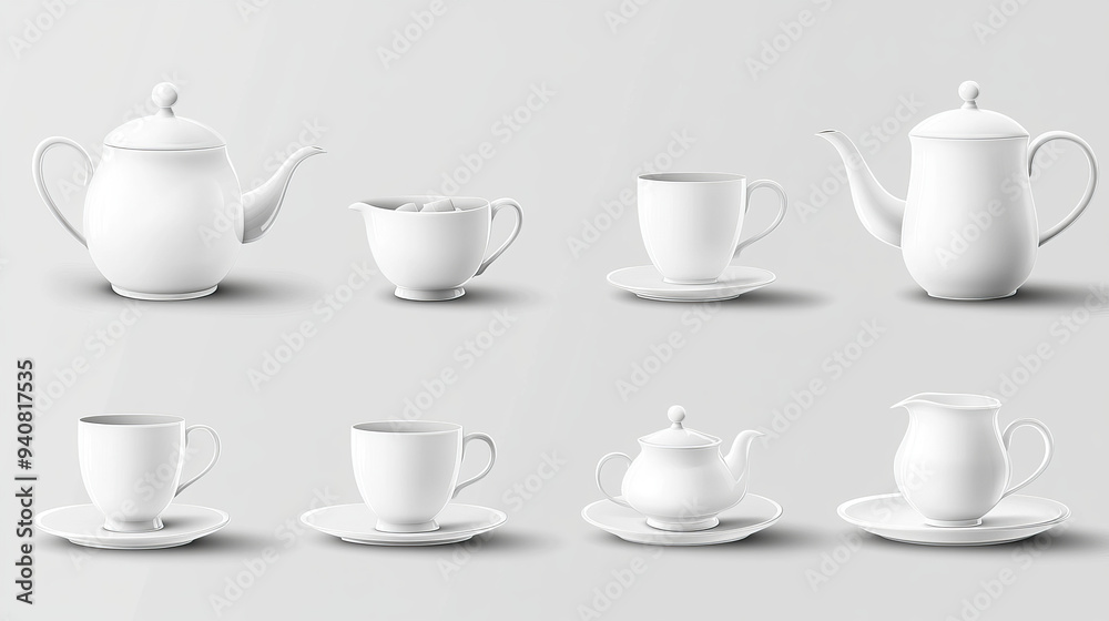 Realistic vector design of a tea or coffee set, including white ceramic cups and pots. Features 3D porcelain teapots, mugs, kettles, saucers, sugar bowls, creamer pitchers, and sugar cubes. Realistic vector design of a tea or coffee set, including white ceramic cups and pots. Features 3D porcelain teapots, mugs, kettles, saucers, sugar bowls, creamer pitchers, and sugar cubes.