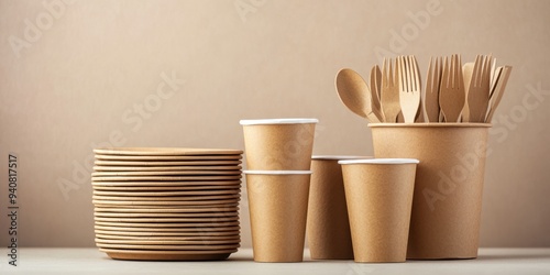 Eco-friendly disposable tableware set made of brown paper, featuring plates, cups, and cutlery arranged neatly on a neutral background photo