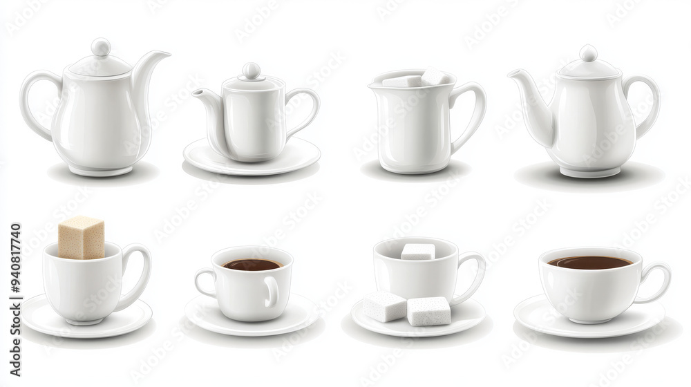 Realistic vector design of a tea or coffee set, including white ceramic cups and pots. Features 3D porcelain teapots, mugs, kettles, saucers, sugar bowls, creamer pitchers, and sugar cubes.