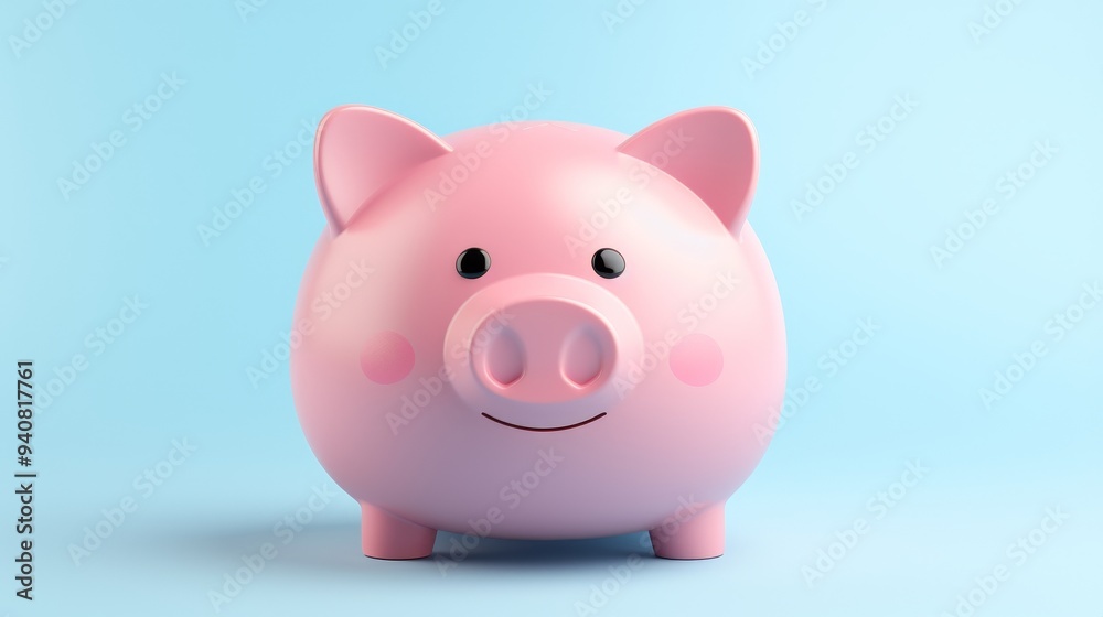 A cute, smiling piggy bank in soft pink against a light blue background, symbolizing savings and financial planning. A cute, smiling piggy bank in soft pink against a light blue background, symbolizing savings and financial planning.