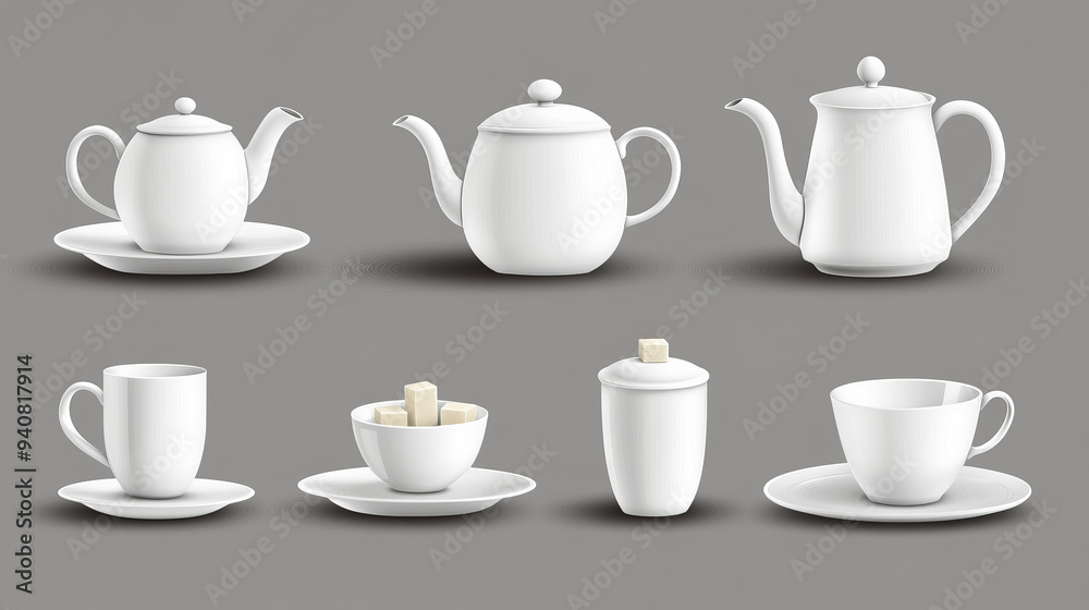 Realistic vector design of a tea or coffee set, including white ceramic cups and pots. Features 3D porcelain teapots, mugs, kettles, saucers, sugar bowls, creamer pitchers, and sugar cubes. Realistic vector design of a tea or coffee set, including white ceramic cups and pots. Features 3D porcelain teapots, mugs, kettles, saucers, sugar bowls, creamer pitchers, and sugar cubes.
