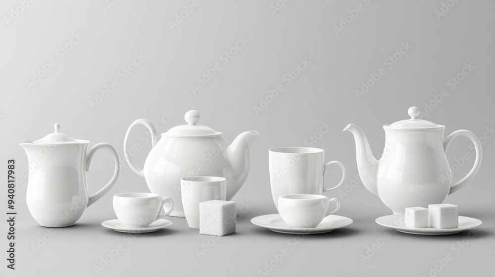 Realistic vector design of a tea or coffee set, including white ceramic cups and pots. Features 3D porcelain teapots, mugs, kettles, saucers, sugar bowls, creamer pitchers, and sugar cubes. Realistic vector design of a tea or coffee set, including white ceramic cups and pots. Features 3D porcelain teapots, mugs, kettles, saucers, sugar bowls, creamer pitchers, and sugar cubes.