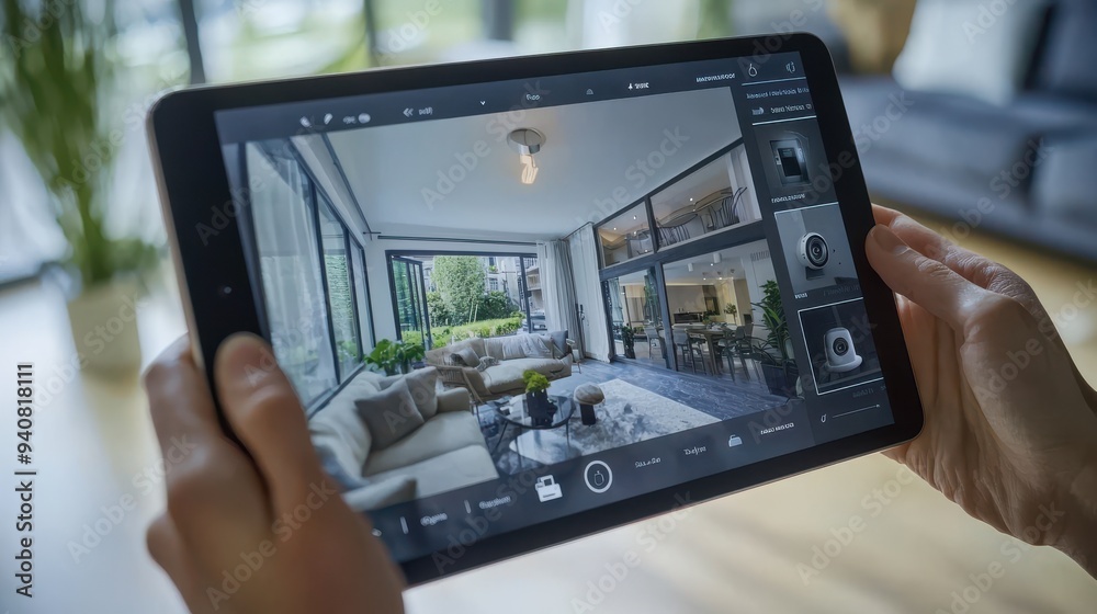 A smart home security interface on a tablet, displaying real-time video feeds and notifications from various smart cameras and sensors around the house, with a user adjusting settings remotely, A smart home security interface on a tablet, displaying real-time video feeds and notifications from various smart cameras and sensors around the house, with a user adjusting settings remotely,