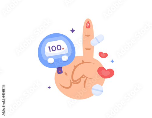 blood sugar check concept. world diabetes day. illustration of blood sugar checker, hand, medicine, and heart. icon, symbol, health. flat style design. graphic elements