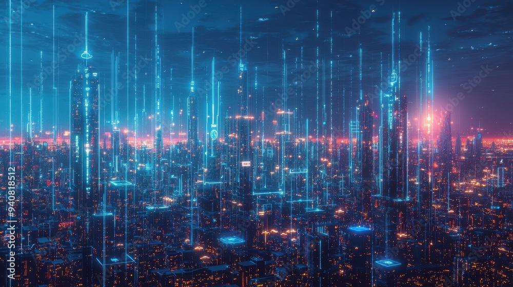 Fototapeta premium A futuristic urban landscape illuminated by countless IoT devices, with data streams flowing between buildings, showcasing the connectivity and efficiency of a smart city infrastructure powered by