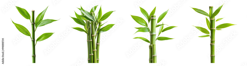 Naklejka premium A collection of green bamboo stalks with leaves isolated on a transparent background, perfect for eco-friendly and zen concepts