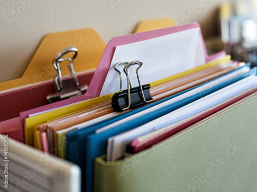 A row of colorful office folders, organizing and categorizing documents in a professional setting	 photo