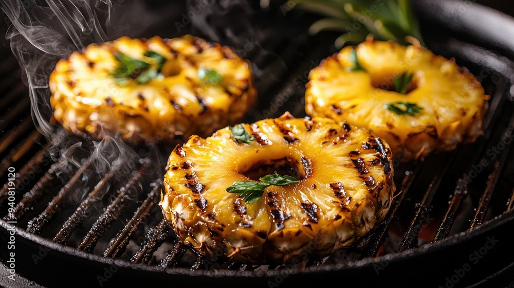 Grilled Pineapple Rings on Hot Grill with Aromatic Smoke and Fresh Mint Leaves Grilled Pineapple Rings on Hot Grill with Aromatic Smoke and Fresh Mint Leaves