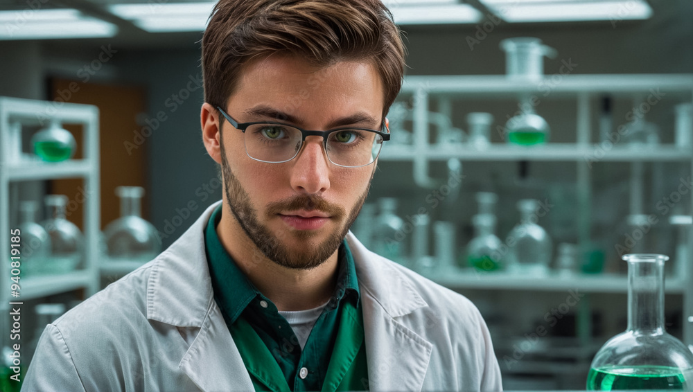 Male doctor laboratory assistant in a white coat in a chemical laboratory against the background of shelves with chemical reagents.