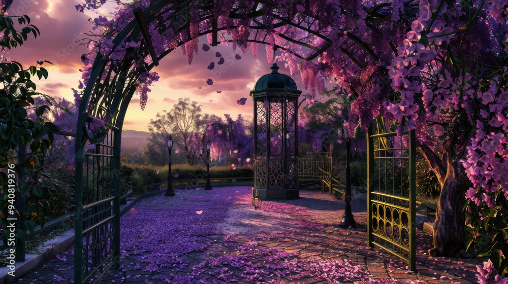 Obraz premium A serene garden path adorned with purple wisteria during sunset, showcasing vibrant blooms and tranquil surroundings