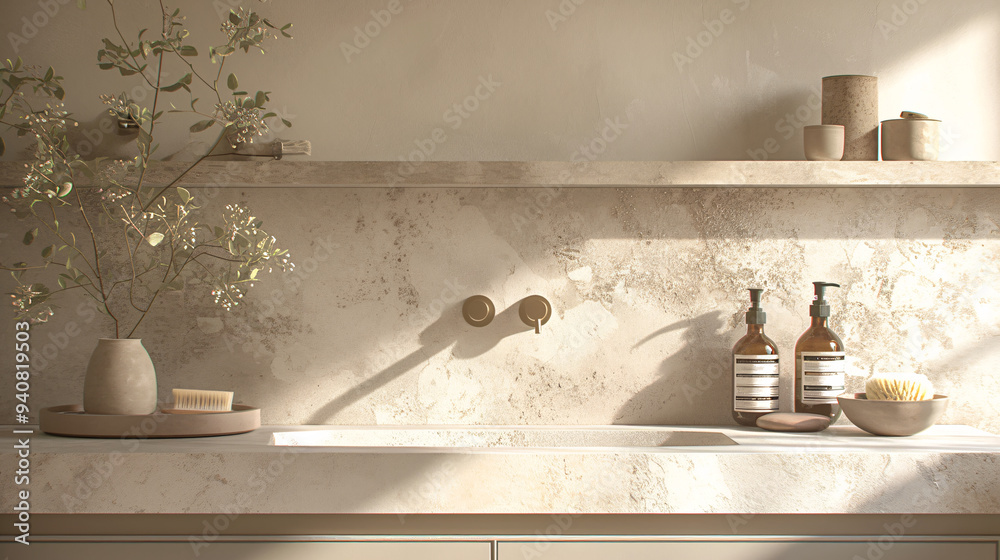 a bathroom scene with a marble sink, a wooden cabinet, and a window with a reflection of green leaves. a bathroom scene with a marble sink, a wooden cabinet, and a window with a reflection of green leaves.