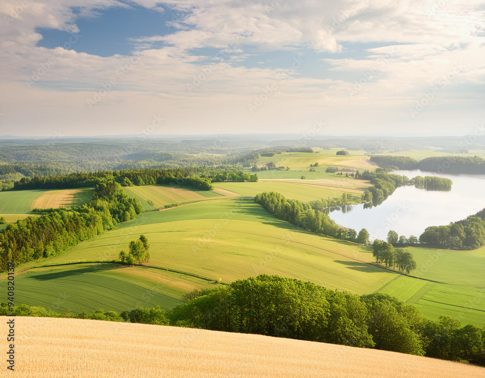 Naklejka premium Top view of agricultural area with lake and green wavy fields