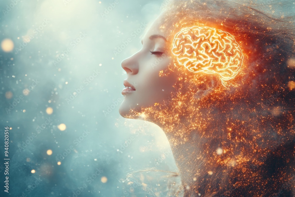 Radiant digital illustration of a woman with a glowing brain symbolizing the brilliance of thought creative energy and the power of imagination in a bright and visually captivating style Radiant digital illustration of a woman with a glowing brain symbolizing the brilliance of thought creative energy and the power of imagination in a bright and visually captivating style