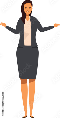 Businesswoman is standing and gesturing with her hands as if she is presenting something