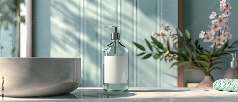 Shampoo green bottle mockup with blank label in bathroom. Minimalist style Shampoo green bottle mockup with blank label in bathroom. Minimalist style