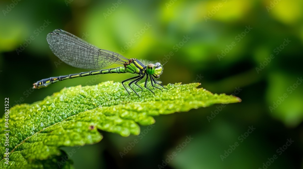 A dragonfly atop a verdant leaf, surrounded by hazy greens – leaves and foliage in the background A dragonfly atop a verdant leaf, surrounded by hazy greens – leaves and foliage in the background