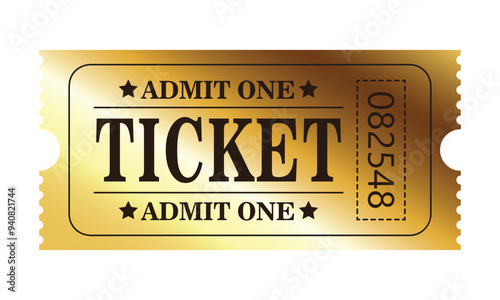 Vector golden ticket template. Cinema, theater, casino, concert, game, party, event, festival gold ticket. Invite ticket for casino club. Admit one. Vector illustration.