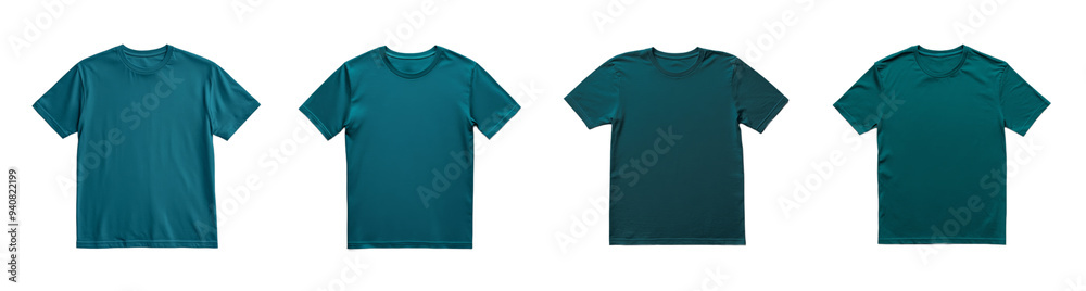 Set of four blue-green t-shirts isolated on a transparent background, ideal for apparel design or seasonal wardrobe updates Set of four blue-green t-shirts isolated on a transparent background, ideal for apparel design or seasonal wardrobe updates