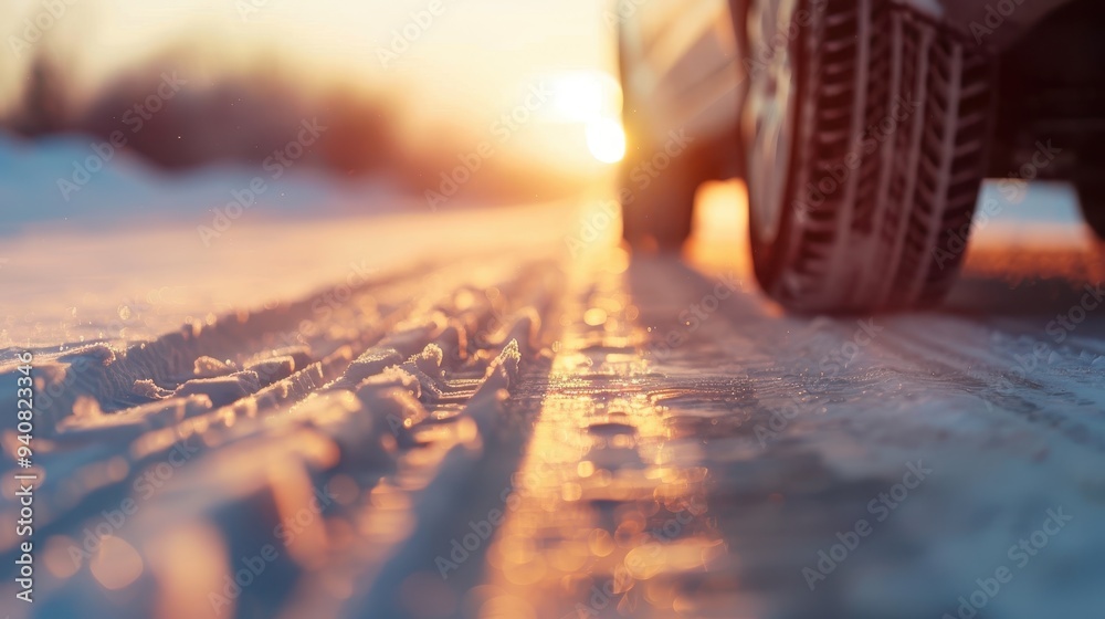 Winter road scene, a car enveloped in snow, glowing sunset casts warm hues, highlighting the icy landscape, serene atmosphere, tranquility of the snowy evening. Winter road scene, a car enveloped in snow, glowing sunset casts warm hues, highlighting the icy landscape, serene atmosphere, tranquility of the snowy evening.
