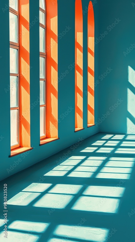 Fototapeta premium Sunlit Windows Creating Geometric Patterns in Bright Room, Capturing Serenity and Calm Atmosphere