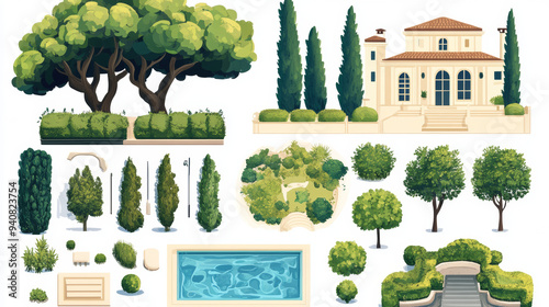 Landscape, garden, and architectural elements including houses, swimming pools, treetops, bushes, steps, and borders, all isolated on a white background.