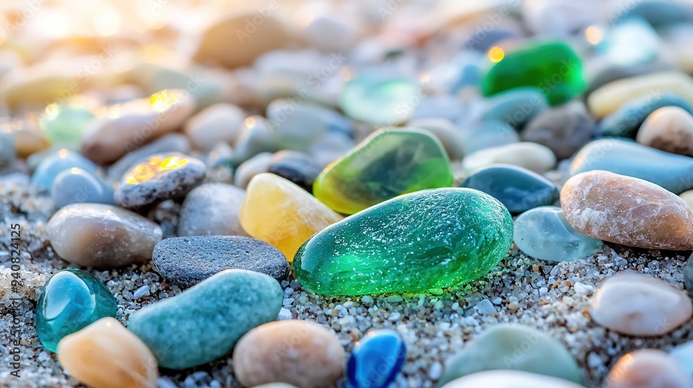 Colorful gemstones on a beach. Polish textured sea glass and stones on the seashore. Generative Ai Colorful gemstones on a beach. Polish textured sea glass and stones on the seashore. Generative Ai